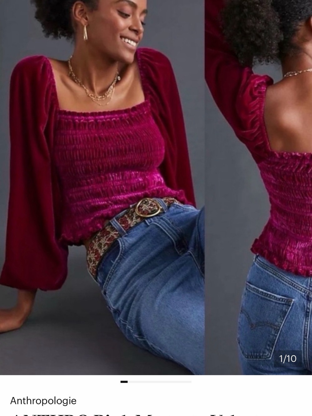 Anthropologie Deep Fuchsia Velvet Smocked Square-Neck Blouse
